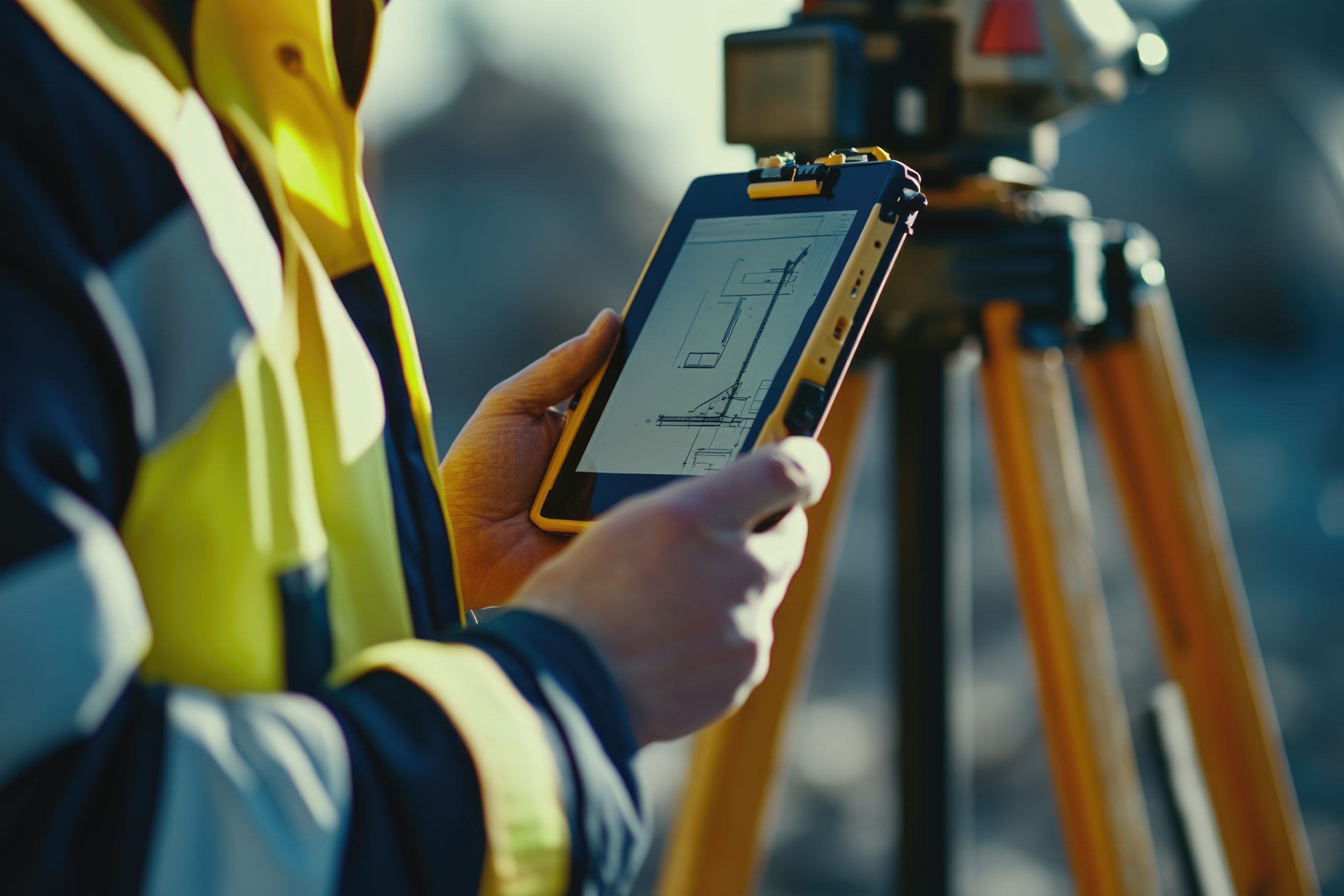el-ingeniero-del-sitio-utiliza-una-tableta-robusta-para-operar-la-estacion-total-para-la-topografia